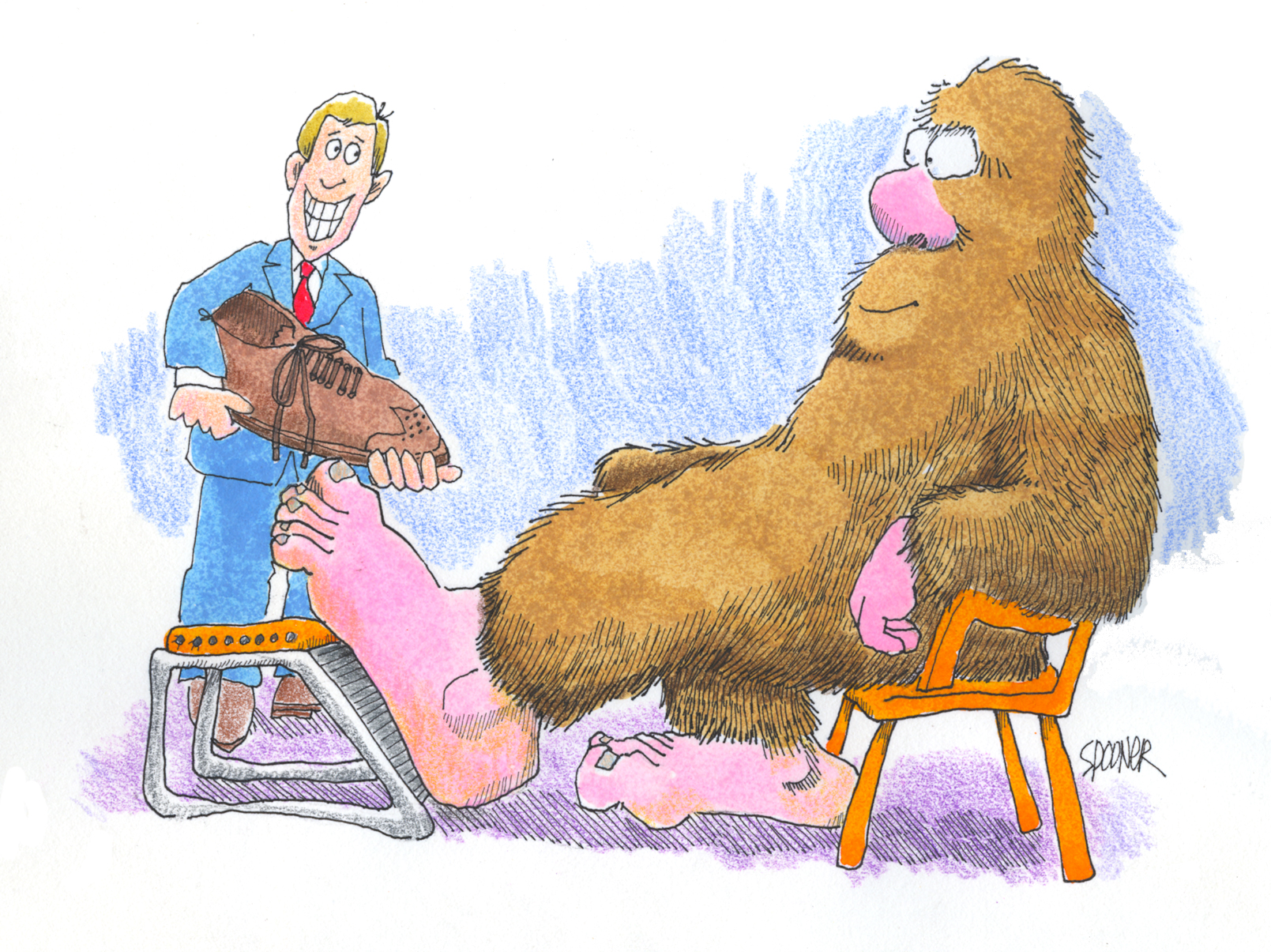 Bigfoot trying on shoes